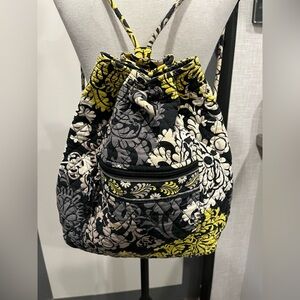 Vera Bradley Quilted Drawstring Backpack Black and Yellow